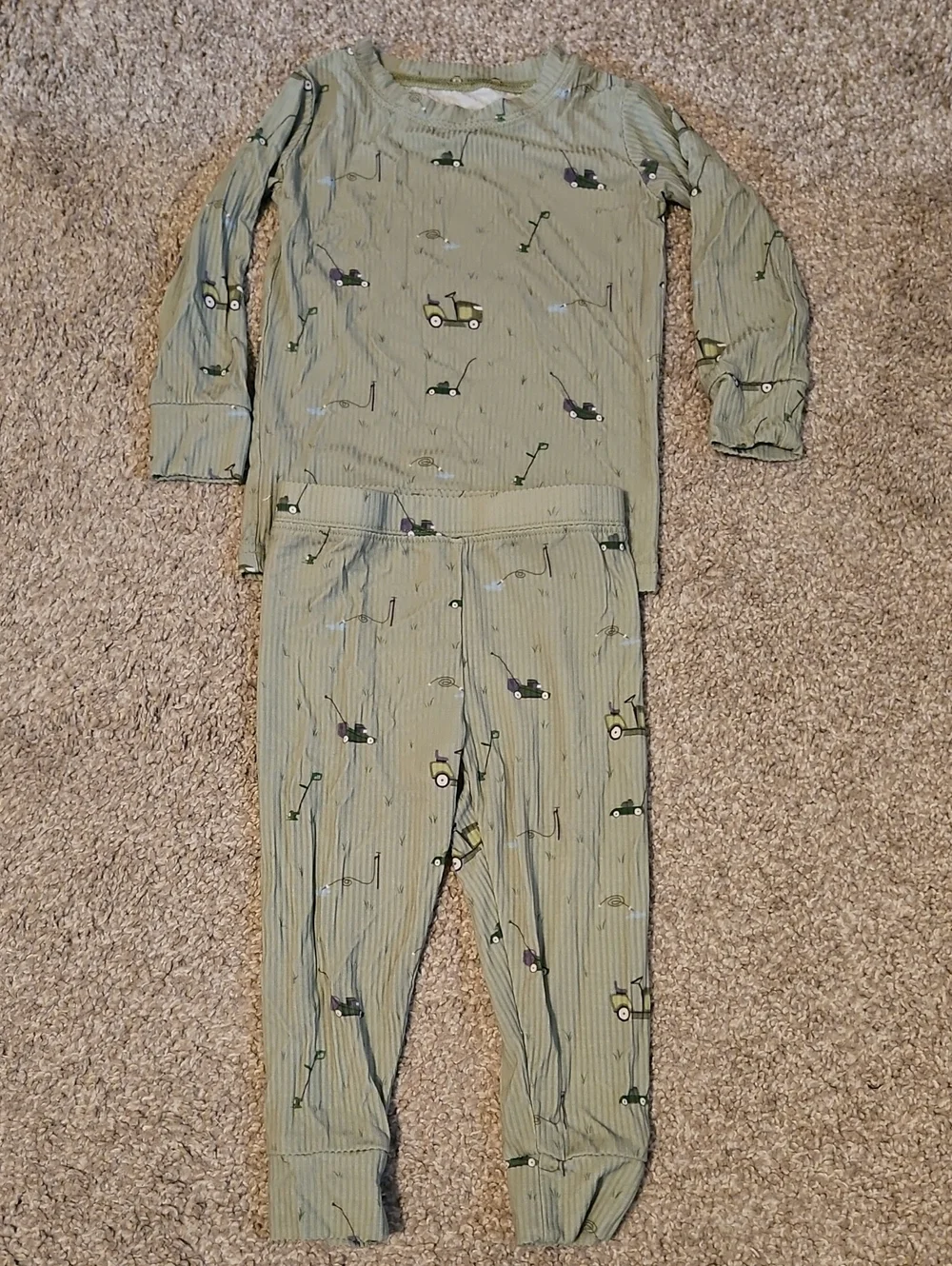 NWOT Brave Little Ones Ribbed Bamboo Pajama Set Lawn Mower Green 12 To 18 Months